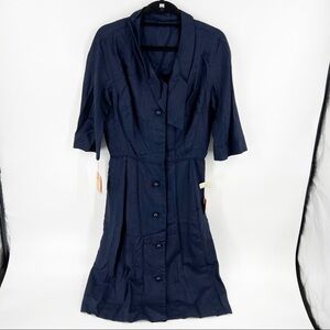 ✅ VINTAGE 1950'S ALPER SCHWARTZ NAVY MIDI SILK‎ SHIRT DRESS SIZE 18